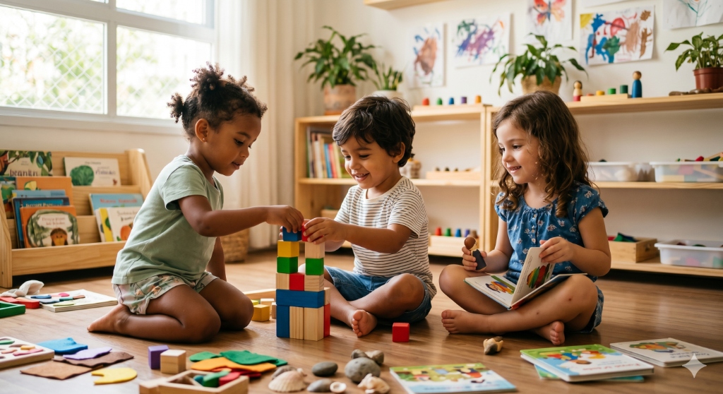 Crianças aprendendo juntas em ambiente Philia