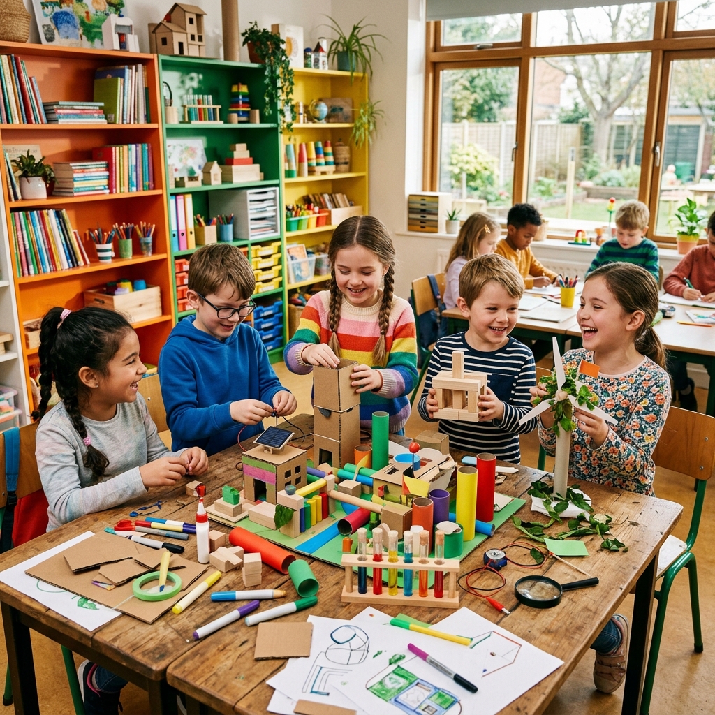 Crianças de escola interagindo de forma colaborativa e ativa em sala de aula