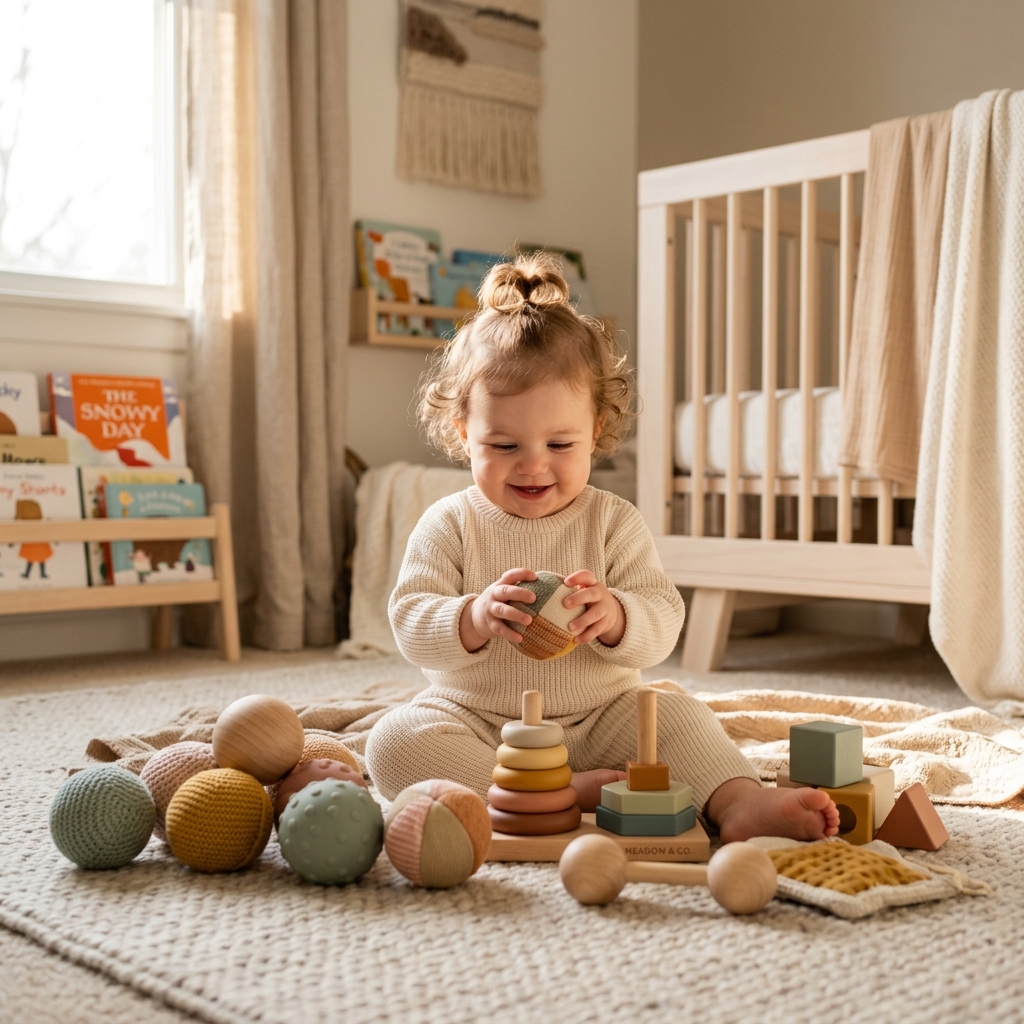 Bebê brincando com brinquedos de madeira